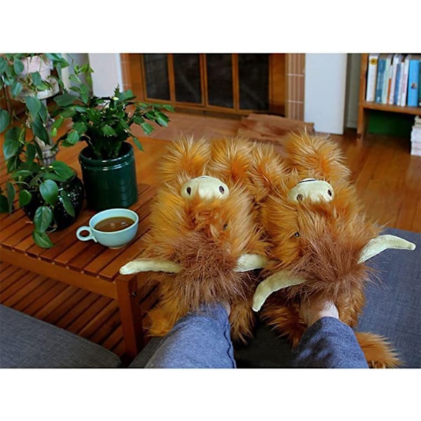 Highland Cattle Tøfler, Fluffy Skotske Highland Cow Tøfler Plush