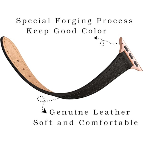 Ohut nahkaranneke yhteensopiva Apple Watch Band 38 mm Musta ruusukullan kanssa Black with Rose Gold 38mm/40mm/41mm