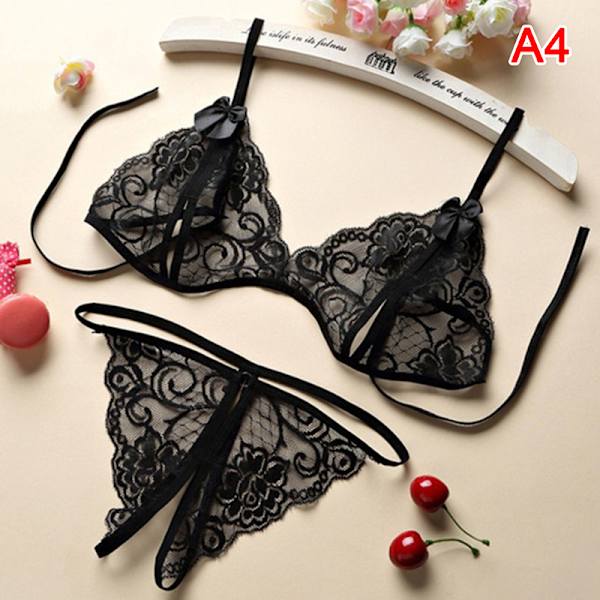Kvinnors sexiga underkläder spets bh-set volang transparent underkläder röd Black