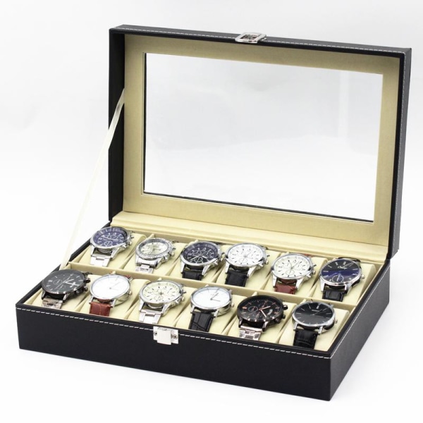 Watchbox Watchbox för 12 klockor med fönster svart med vit söm Black Black