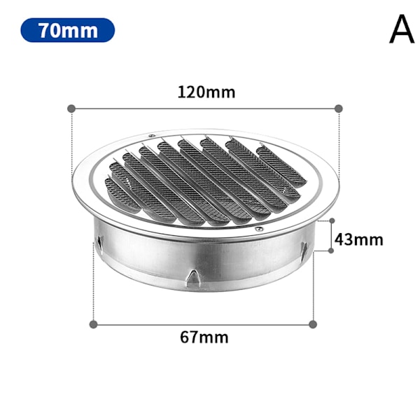 75MM 201 Ruostumaton teräs Seinän tuuletusritilä Ulkoilman pyöreä kanava 70mm