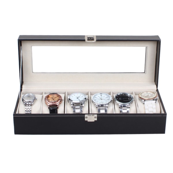 Watchbox Klockboks for 6 klokker - Svart med hvit søm black 775