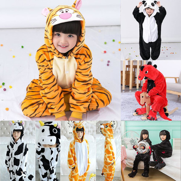 Unisex barnekostyme i flanell, cosplay-dyr, heldress, Halloween-nattøy, nattøy for gutter og jenter, tiger Tiger 5-6 Years