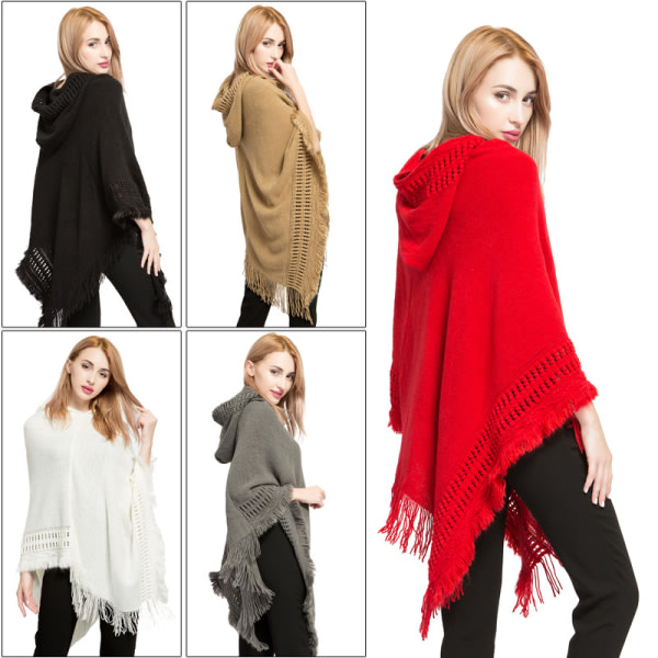 Chic virkat huva Poncho Cape (khaki) för höst-vinter kvinnor