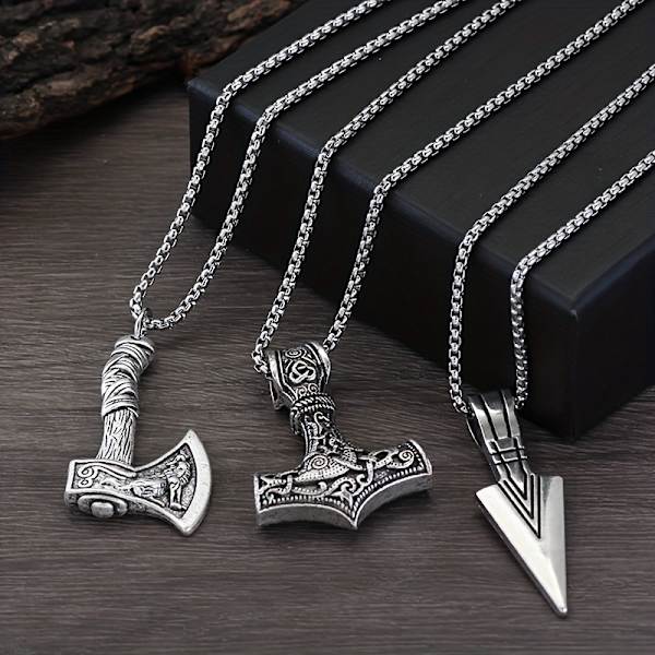 3 st Viking Halsband för Män - Viking Hammare Norse Kompass Keltisk Knuta Yxa Hänge Nordisk Antique Silvery