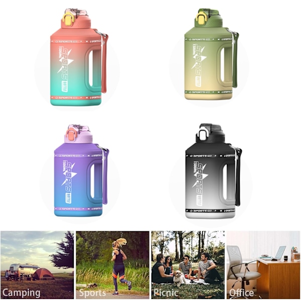 Stor sportflaska med sugrör, gymvattenflaska, bredmunnad vattenkanna för fitness, camping, utomhuskittel rosa Pink 1500ML