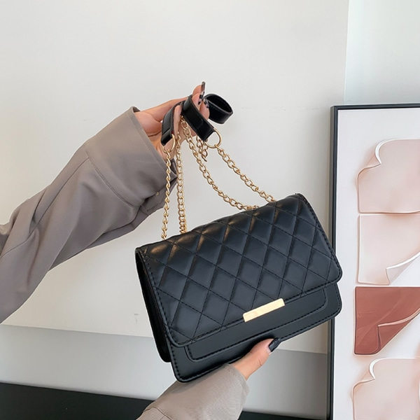 Lille Quiltet Crossbody Taske til Kvinder Quiltet Skuldertaske Sort