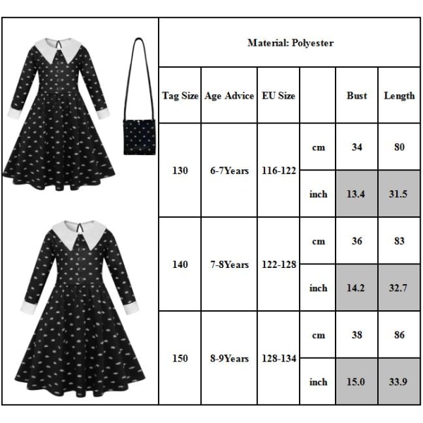 Børns Wednesday Adams kjole Pigernes Wednesday rollespilskostume 140 cm