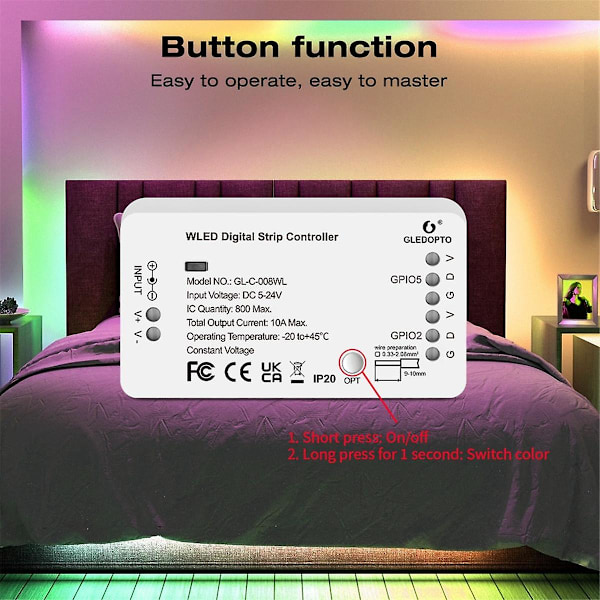 WLED Strip Controller LED-lys Over 100 dynamiske lysmoduser DIY WiFi APP-kontroll 800 IC RGB R