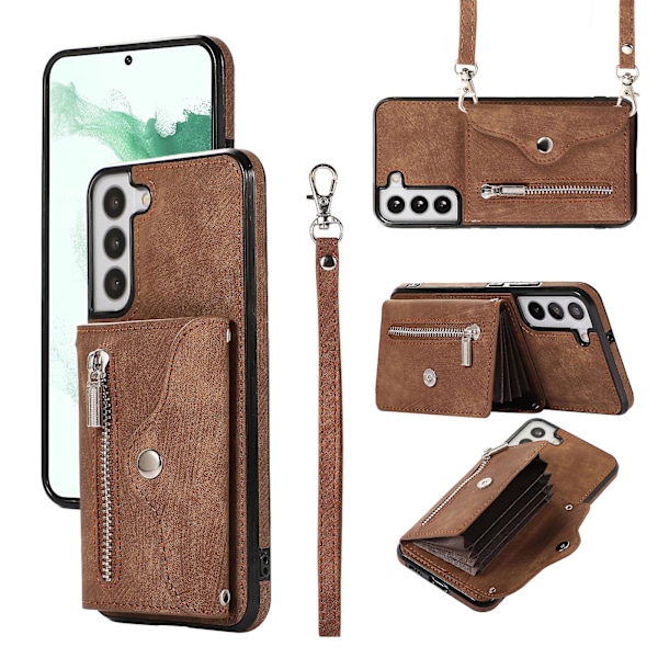 Til Samsung Galaxy S22 5g telefonetui Kickstand RFID-blokering Kort etui PU Læder+TPU cover Brown