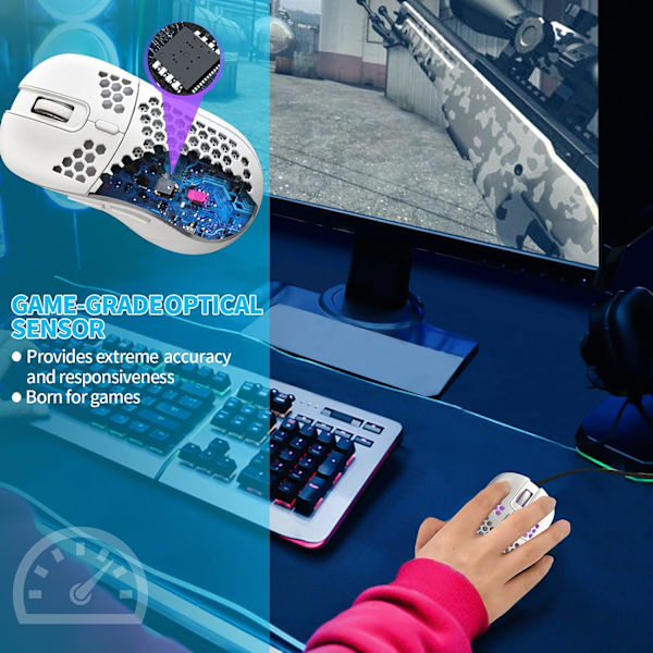 Honeycomb Trådløs Gaming Mus, RGB baggrundsbelysning og 7200 justerbar