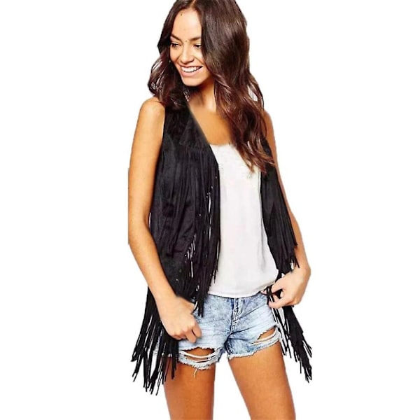1970'ernes Kvinde Tassel Ærmeløs Vest 70'er Retro Hippie Kunstlæder Frynser Jakke Cardigan Sort Black XL