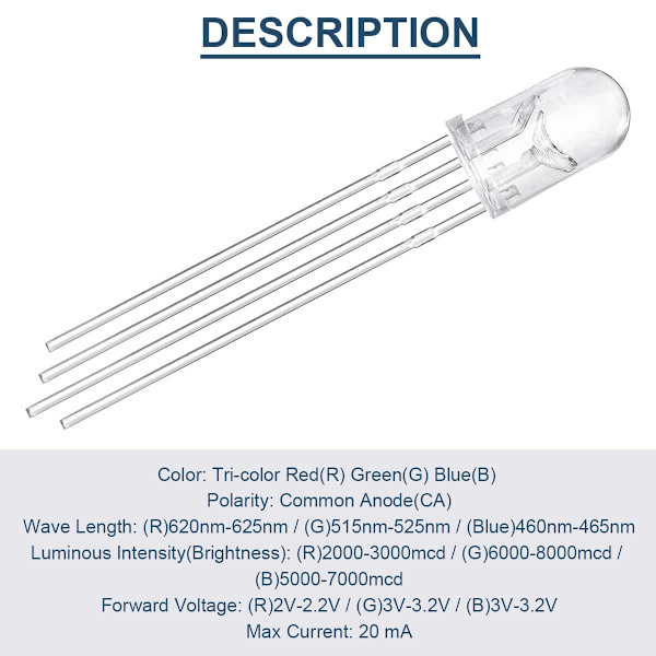 100-pack 5 mm lysdiod med gemensam anod DC 3V 20mA RGB trefärg (röd/grön/blå)