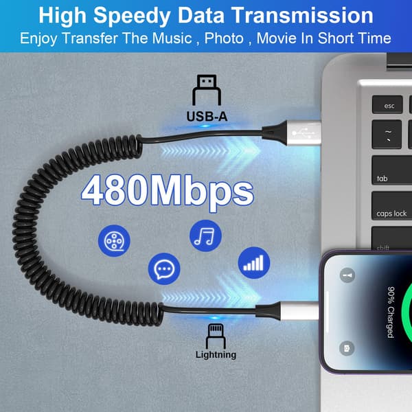 2-pakning spiral Lightning-kabel for iPhone, kompatibel med Apple CarPlay [BT]