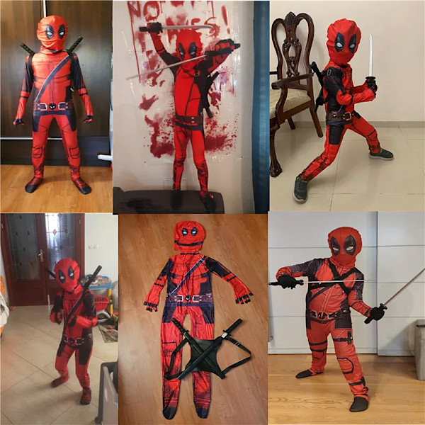 Deadpool Kostym Superhjälte Cosplay Kostymer Superhjälte Barn Bodysuit 3D Stil Halloween Cosplay Kostymer Svärdväska 6 6 6 6 6 6 130CM