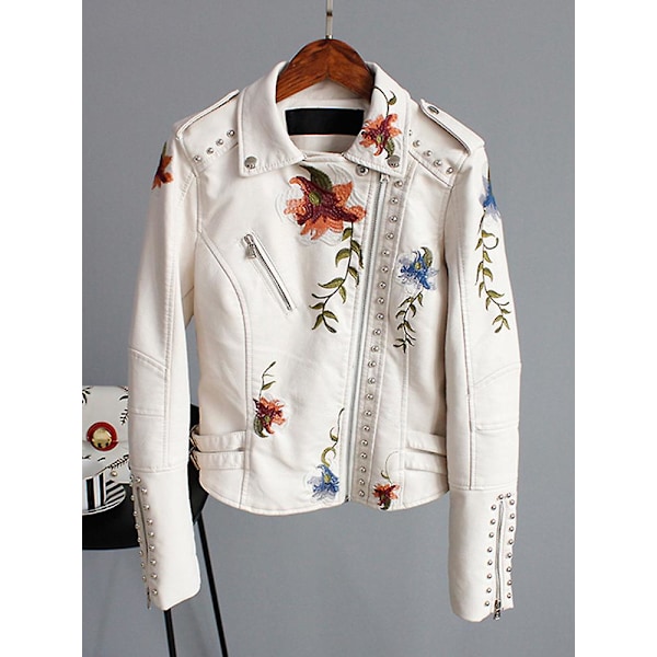 Floral mønster trykt Faux Soft Leather Jacket Women Pu Motorsykkel Frakk Kvinne Svart Punk Glidelås Nagler Yttertøy Beige Beige XL