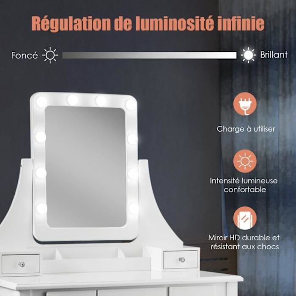 COSTWAY Sminkebord med skammel og 360° roterende spejl - Sminkebord - 10 LED-lys med justerbar lysstyrke, 5 skuffer