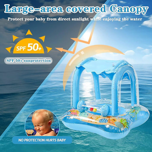 Baby Badring Uppblåsbar Pool Badring Med UPF 50+ Solskydd För Barn I Åldern 3-36 Månader Kul I Vattnet blu[qb] blue With 3 bells