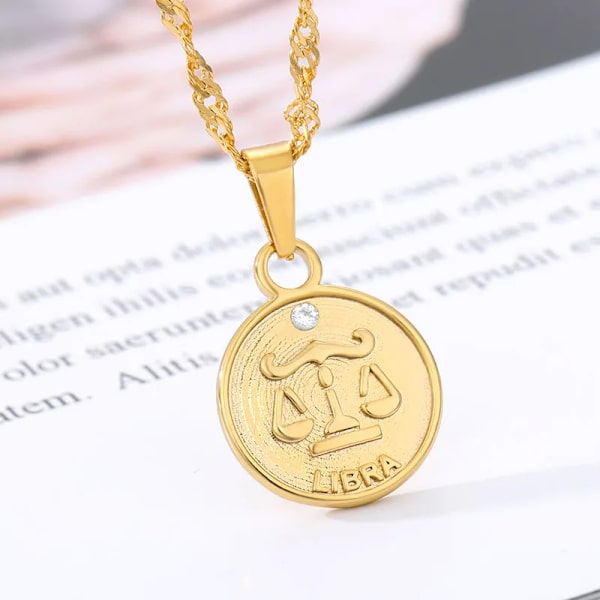 Disk Stjernetegns Halskæde 12 Stjernetegn Sten Vedhæng Halskæde Kvinder Mode Horoskop Smykker Fødselsdagsgaver Sølv Farve Silver Color Libra