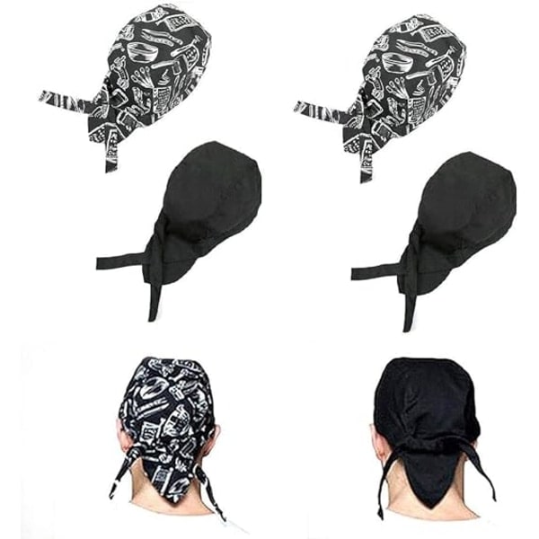 4 stk. Kokkehat i polycotton, 2 stilarter, justerbar, bomuld, madlavningshat