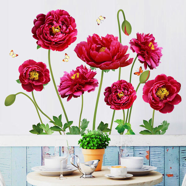 Röda blommor fjärilar väggdekal självhäftande väggdekal f