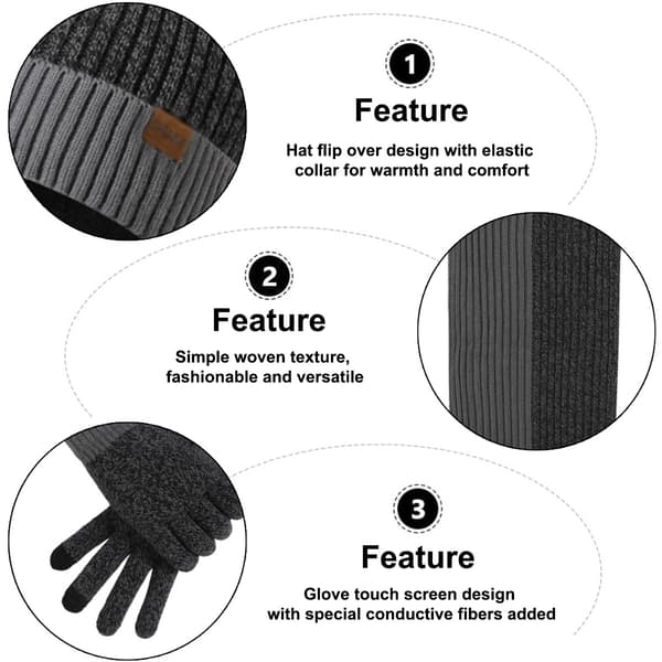 Vintermössa Halsduk Herr Touchscreen Handskar Varm Herrhalsduk och Mössa Handskset[BT} Black gray