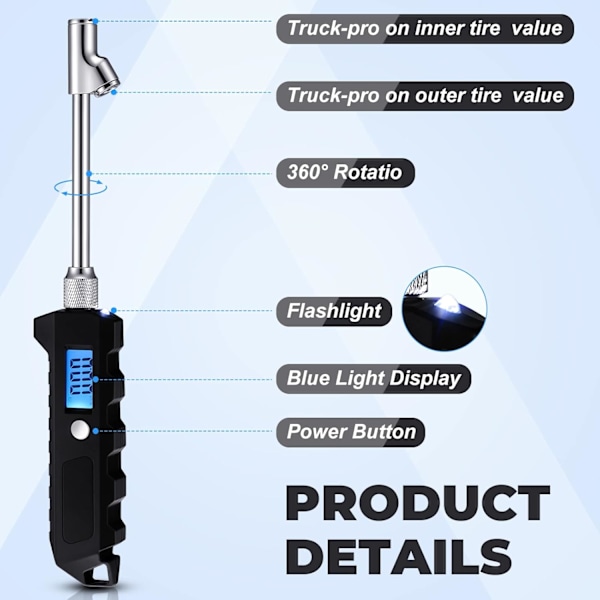 2 stk. digitalt dæktryksmåler 250 PSI Heavy Duty Dual Head rustfrit stål med LCD og lommelygte til bil lastbil RV biltilbehør