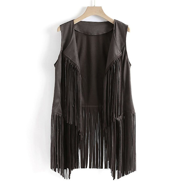 1970'ernes Kvinde Tassel Ærmeløs Vest 70'er Retro Hippie Kunstlæder Frynser Jakke Cardigan Grå Grey M