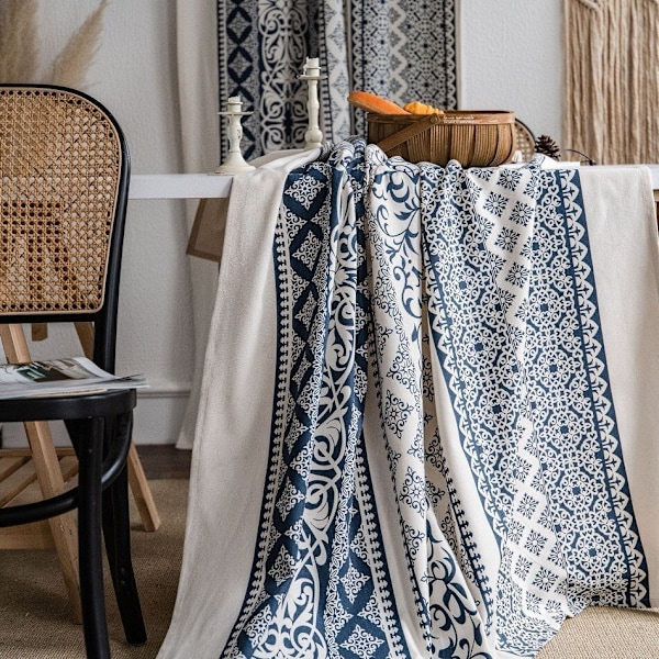 Boho Blå Gardiner Sett Vindu Japansk Hjemmeinnredning Bomull Lin Gardin for Stue Soverom Kjøkken Semi Sheer Draping B B W150xL240cm