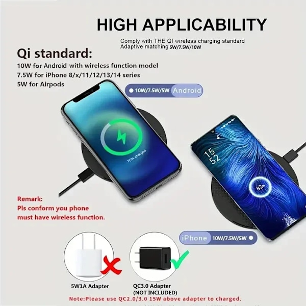 Skrivebordsstasjon for trådløs lading av mobiltelefoner - Ultra-tynn, hurtiglading - Kompatibel med iPhone 15, 14, 13, 12, Samsung og Xiaomi black with cable