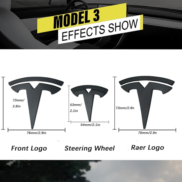 3-pak Tesla Model 3 bilrat logo mærkater (mat sort)