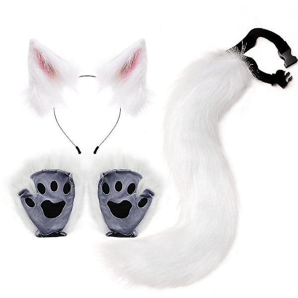 Lolita Simulation Beast Claw Plys Fox Ører Pandebånd Kunstig Pels Lang Pote Cosplay Rekvisitter Halloween Fest Tilbehør S White Pink