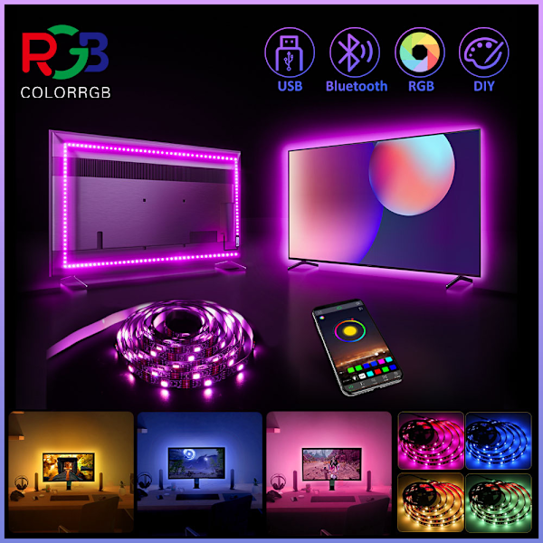 TV lighting, 4m LED lights for 32-55 inch TV, RGB TV LED lights behind, Music synchronization Bluetooth APP