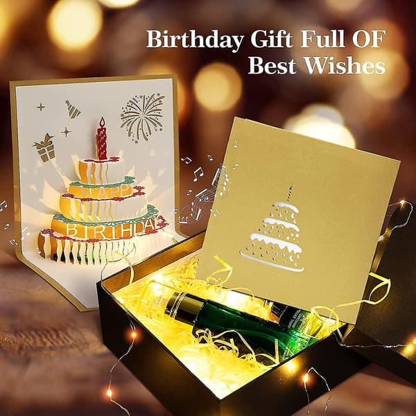 Birthday Card with Music and Light, 3D Pop Up Greeting Card with Envelope, Gold