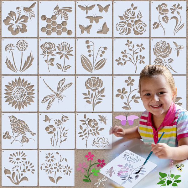 20 st Flower Stenciler Insektsblommor Målningsstenciler, (5 x 5 tum) Målningsstenciler för hantverk Återanvändbara, Konststencil för målning, DIY-ritning