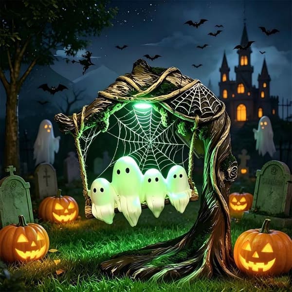 Lysende Spøkelsesgynge i Harpiks Halloween-dekorasjon, Premium Hage- og Terrassepynt med LED-lys Circular ring