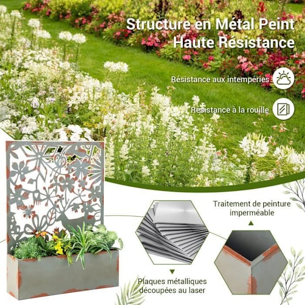 COSTWAY Set med 2 växtväggar med metallspaljé dekorativ blomlåda för klätterväxter, 60x17x80 cm, rost