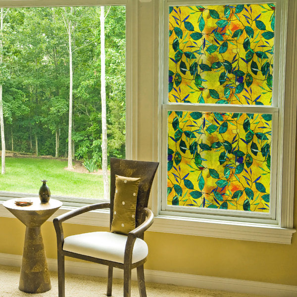Gul bakgrunn grønne blader malt glass vindusfilm (45*100cm)