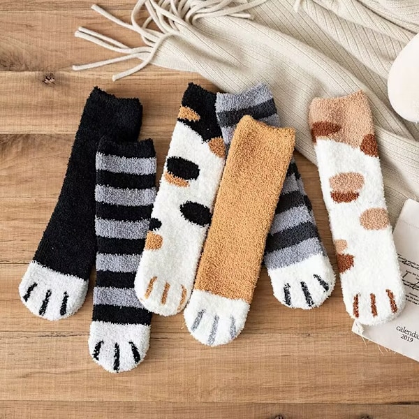 Kawaii Kattstrumpor Dam Puffiga Crewstrumpor Söta Kattpåtassar 6-pack