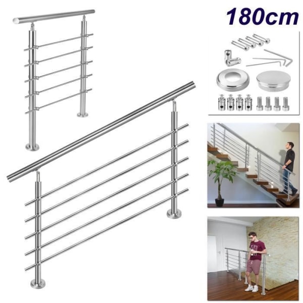 YRHOME 180cm Trappa Räcke Inomhus Utomhus Rostfritt Stål Balkongräcke med 5 Tvärstänger