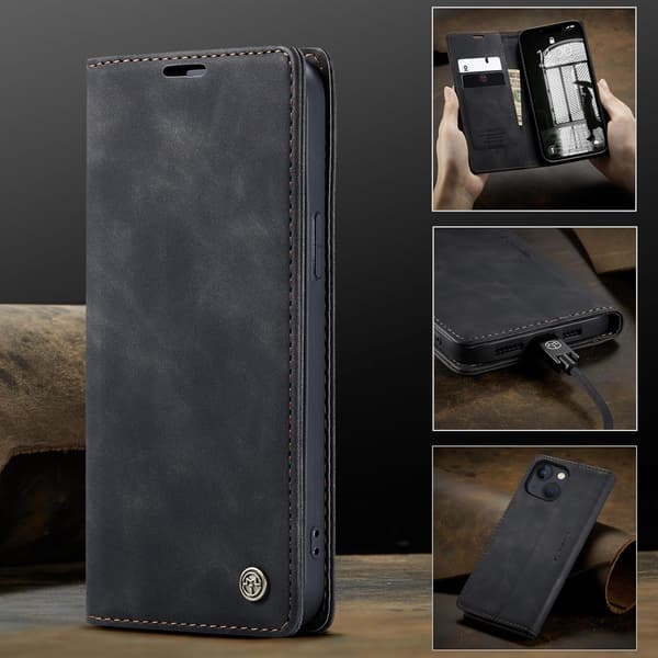 iPhone 14 8G skyddsfodral, PU-läder flip plånboksfodral med kortfack. black