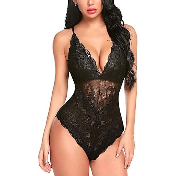 Women's Snap Open Crotch Underwear Sexy Lace Body Deep V Teddy