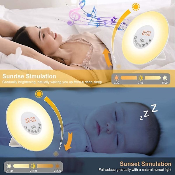 Radiovækkeur Lys Led Sengelampe Touch Control Solopgang og Solnedgang Simulation 10 Lysniveauer Snooze 6 Naturlige Lyde, 7 Farver Nattelys til
