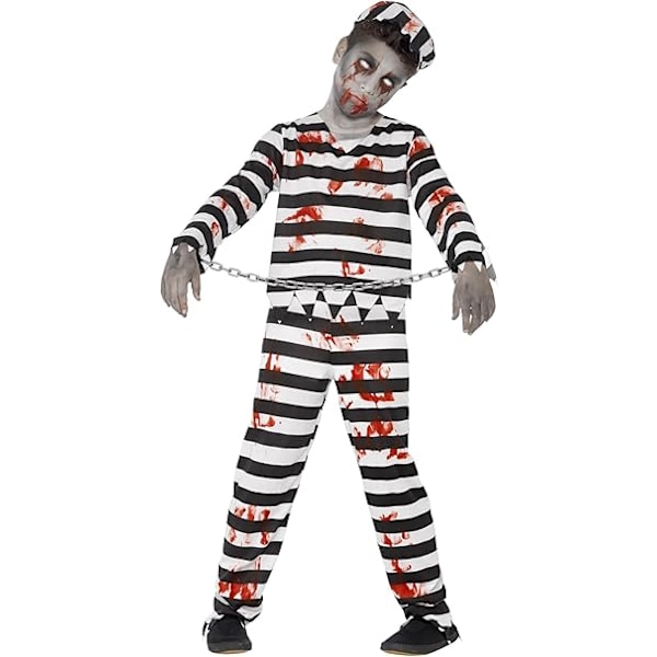 Zombie Convict Costume, Black & White with Trousers, Top, Hat & Wrist Cuffs, Halloween Child Fancy Dress, Halloween Dress Up Costumes