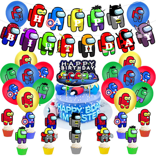 Superhjälte temafest Bland oss Set Cake Insert Flag Banner Kombination Ballonger (FMY) set 6
