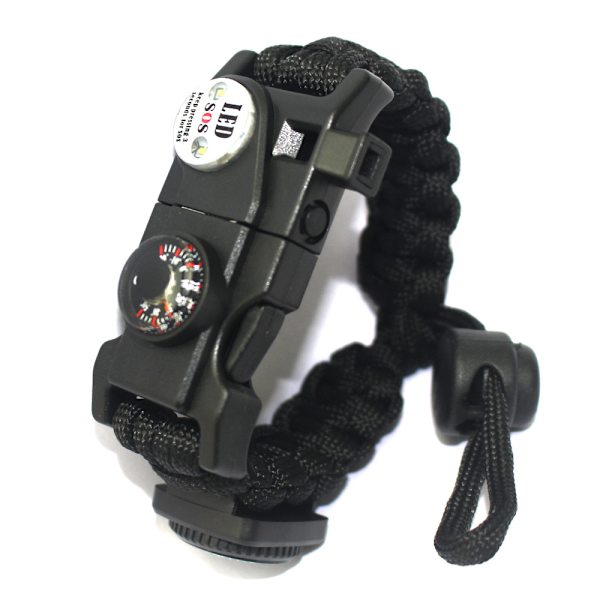 Overlevelsesparacord-armbånd, brannstarter, vanntett SOS-lys, kompass, fløyte, 20 i 1, utendørs ultimate taktisk overlevelsesutstyrsett, gave black