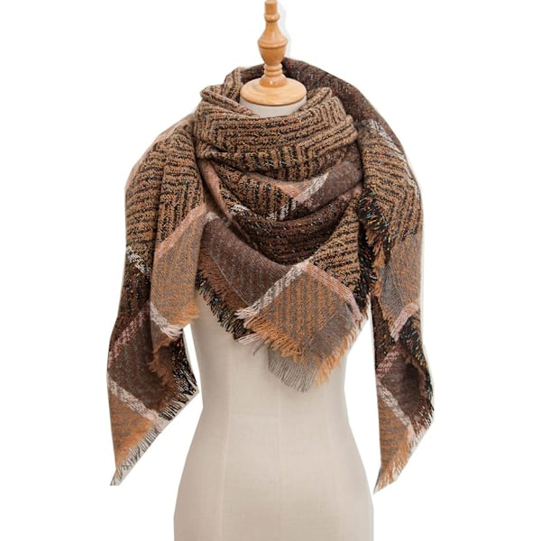 Dameskals til efterår/vinter - Klassisk frynset plaid-kals - Varmt, blødt, chunky, stort plaid-wrap-tørklæde - Cirkelkals (Kaffe)