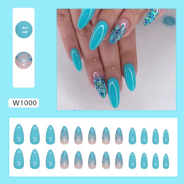 Glitter Gradient Print Negle Lange Mandel Falske Negle Blå Solid Farve Falske Negle Akryl Kunstige Negle