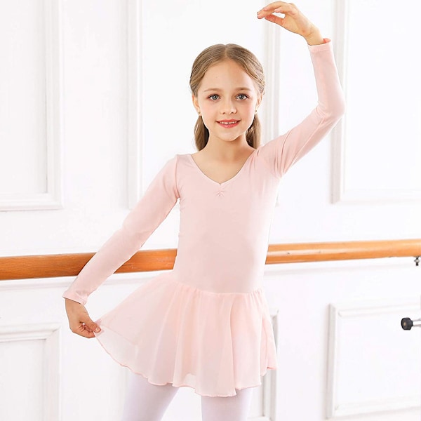 Flickor Långärmad Balett Leotards Dans Tutu Klänning Rosa Pink 130cm