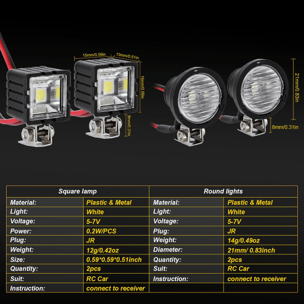 Injora LED-strålkastare med starkt ljus för 1/10 RC Crawler Car Trx4 Trx6 Axial Scx10 90046 Wraith Rr10 Vs4-10 Redcat Gen8 Round 2LED